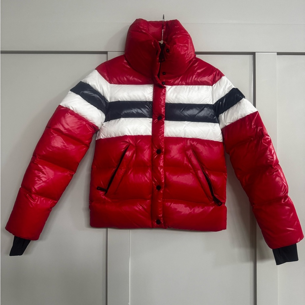 SAM Red and Black Puffer Jacket with Quilted Design